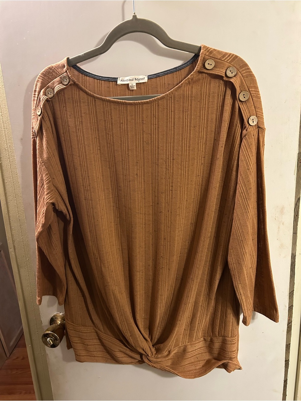 Above and Beyond Women's Button-Shoulder Knot Front Long Sleeve Top - Rust